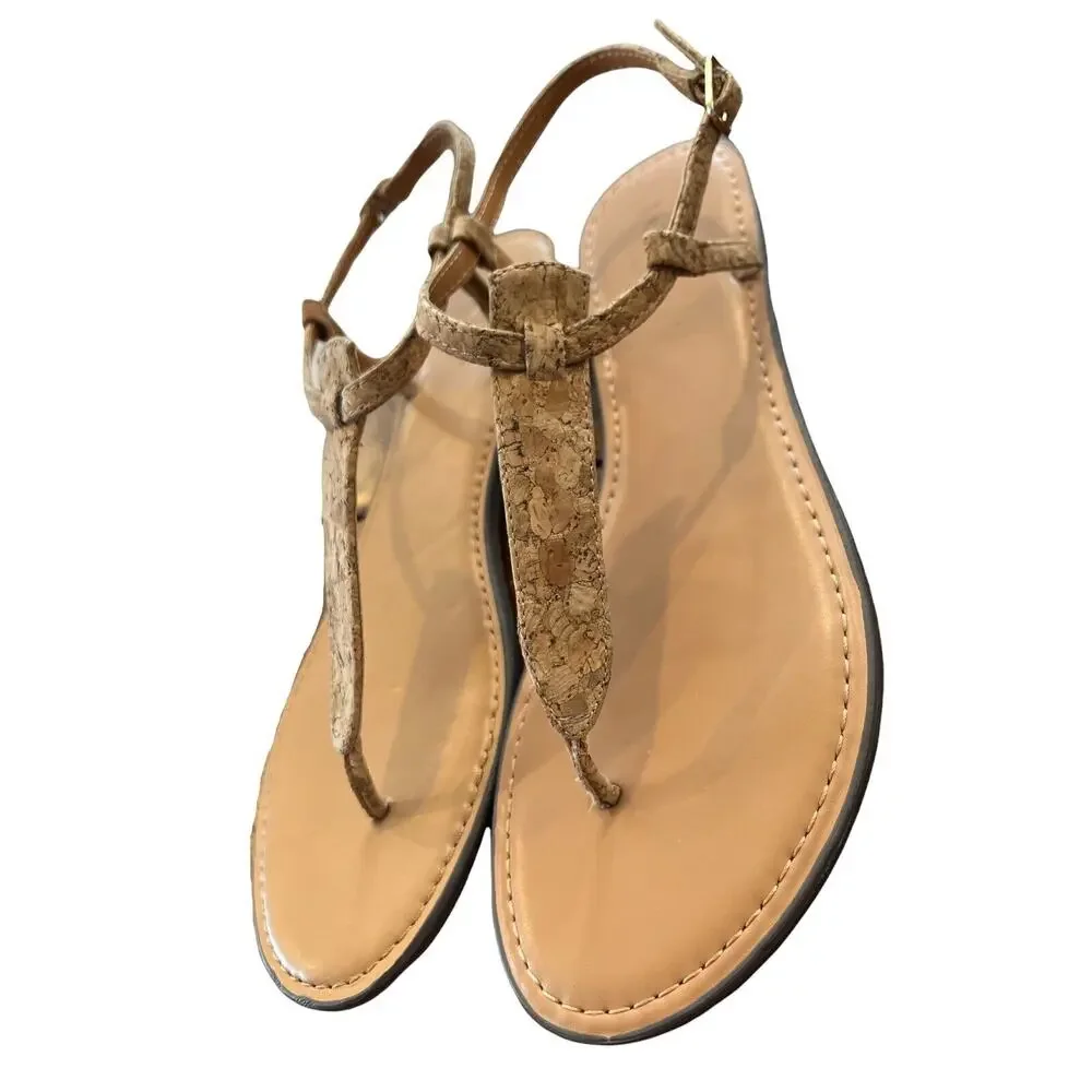 9.5 M J. Crew Womens Cork T-strap Sandals Tan Brown